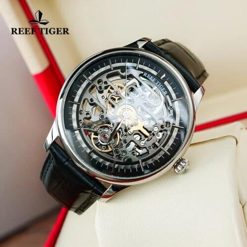 Reef Tiger/RT Top Brand Luxury Designer Skeleton Mens Watch Leather Strap Automatic Mechanical Watch Sapphire Glass Clock