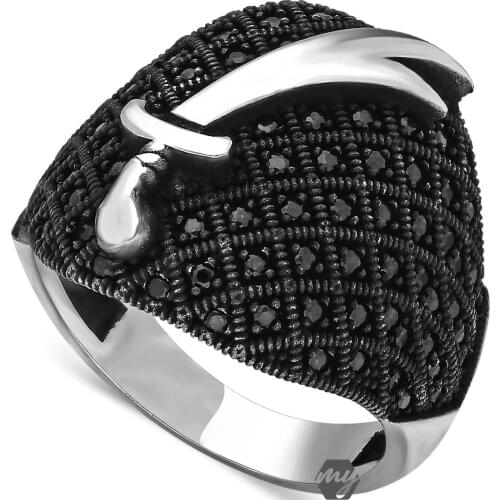 Solid 925 Sterling Silver Zulfiqar Sword Design Micro Black Zircon Stone Mens Ring