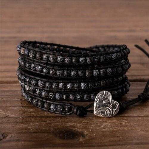 Yoga Mens Black Frosted Agate Beads Wraps Bracelet Boho Natural Stone Wrap Around Leather Bracelet Unisex Jewelry Dropshipping