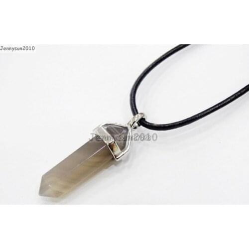 Natural Grey Ag-ate Gems Stones Hexagonal Pointed Healing Reiki Chakra Pendant Black Leather Cord Necklace18''lnch 5 Sets/Pack