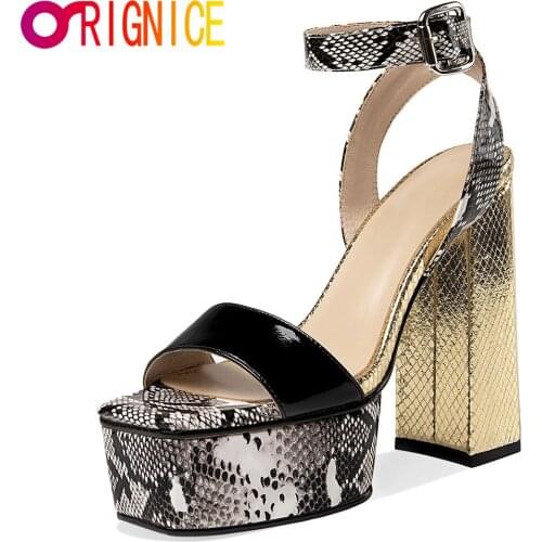 Orignice Elegant Waterproof Platform Sandals Women Square Super High Heels 13cm Banquet Peep Toe Snake Print Cow Leather Shoes