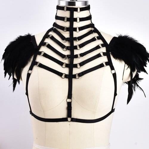Festival Black Feather Epaulettes Gothic Body Harness Bondage Harness Belt Shoulder BurningMan Body Cage Costume Clothing Wing