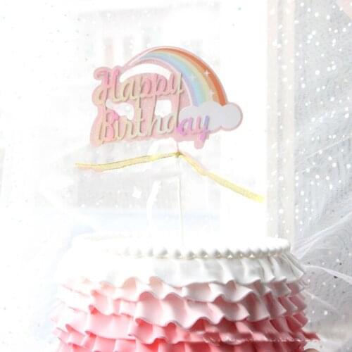Pink Blue Happy Birthday With Rainbow Cloud Happy Birthday Cake Topper