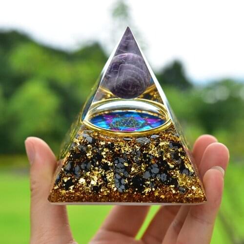 2.7 inch Orgonite Pyramid Amethyst Crystal Sphere Snow tourmaline Orgone Energy EMF Protection Meditation Yoga Chakra Balancing