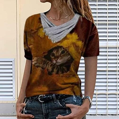 New womens contrast color cotton T-shirt 2021 summer printing loose short-sleeved T-shirt casual cartoon oversized T-shirt top