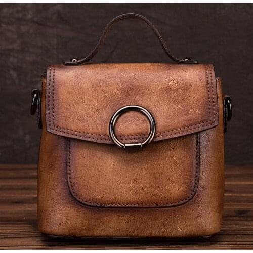 Hand Painted Retro 2021 New Women Handbag First Layer Cow Leather Bag Leisure Solid Color Lady Shoulder Messenger Bag Sac A Main