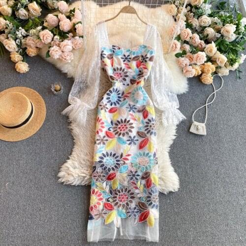 French Elegant Floral Embroidery Hollow Out Women Dress Bodycon Puff Sleeve Female Dress Hip Package Pencil Vestidos Femme