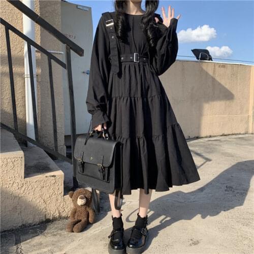 Womens Gothic Style Dress Punk Long Sleeve Black Mid-length Retro A-line Skirt Korean Cute Kawaii Loose Casual for Female