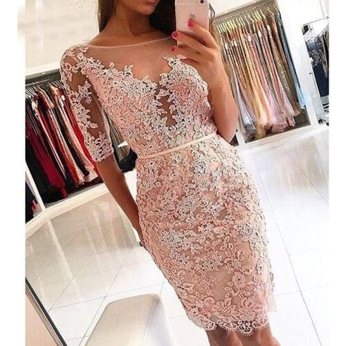 2019 Short Sleeve Cocktail Dress Womens Vintage Keen Length Half Sleeve Scoop Neckline Lace Party Dresses