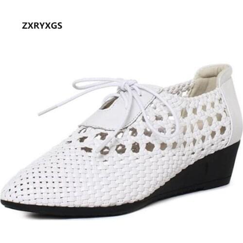 ZXRYXGS 2021 New Pointed Breathable Weaving Cowhide Sandals Summer Shoes Flat Wedges Sandals Large Size Women Sandal Shoes