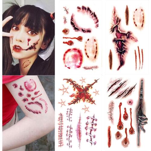 1pc Waterproof Halloween Scars Fake Tattoos Makeup Halloween Decorations Wound Scary Blood Injury Temporary Tattoos Stickers
