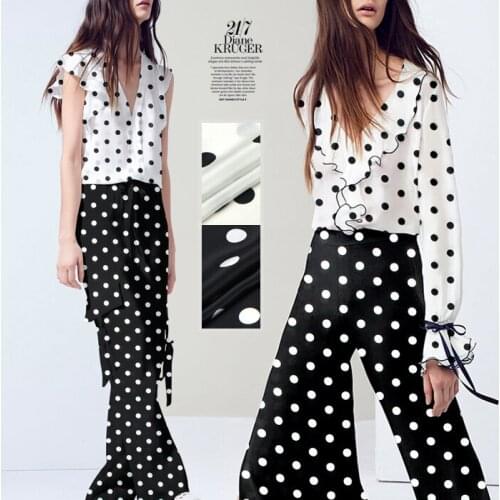 114cm wide 12mm dots print silk crepe de chine fabric for dress shirt clothes white and black available D254