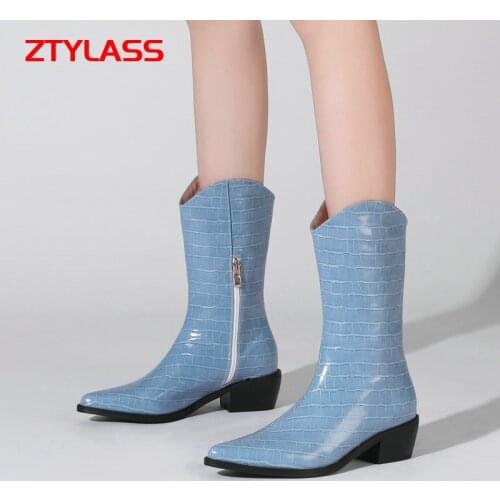 2021 Western Boots Wedges Chunky Heel Mid Calf Boots Spring Autumn Women Boots Winter Fashion Boots Shoes Black White Brown Blue