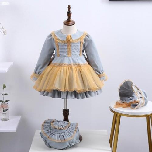 3PCS Winter Spanish Lolita Princess Dress Lace Bow Long Sleeve Sweet Cute Ball Gown Birthday Party Easter Dress For Girls Y3744