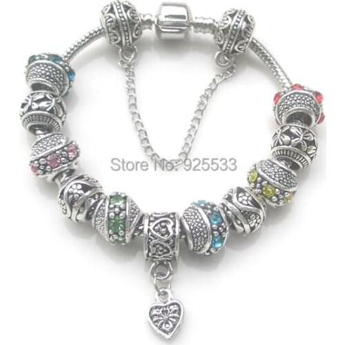 Free shipping colorful rhinestone big hole charms heart alloy pendant DIY fashion European bracelet with safety chain