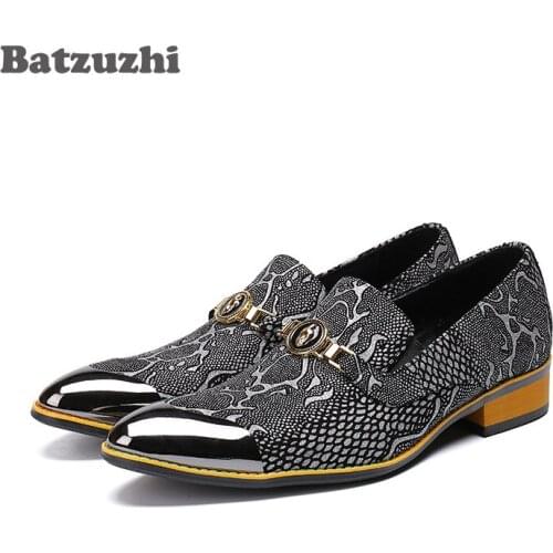 Batzuzhi Brand Italian Style Men Dress Shoes Oxfords Pointed Metal Tip Toe Snake Pattern Business Leather Shoes Luxury Handmade