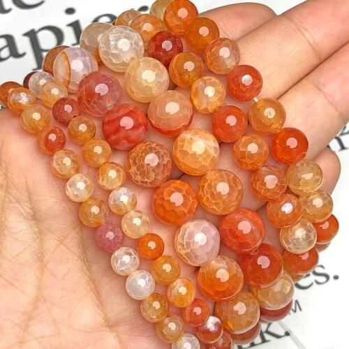 Natural Stone Smooth Orange Cracked Fire Agates Onyx Bead Round Loose Spacer Beads For Jewelry Making Diy Bracelet 6/8/10MM 15"