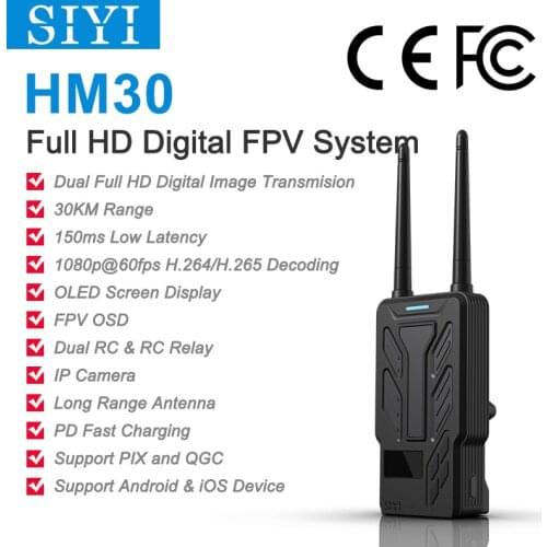 SIYI HM30 Full HD Digital Video Link Radio System Transmitter Remote Control OLED Touchscreen 1080p 60fps 150ms FPV OSD 30KM
