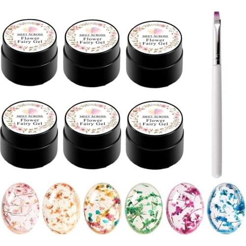 MEET ACROSS 6 Colors Flower Fairy Gel Nail Polish Dry Flower Varnish Design Semi transparent Soak Off UV LED Gel Nail Art Gel