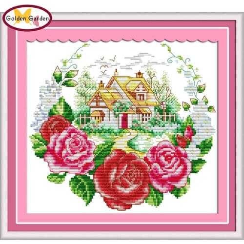 GG Little House In Flowers Joy Sunday Cross Stitch DIY Craft Counted&Stamped Canvas Rose Cross Stitch Wedding for Home Decor