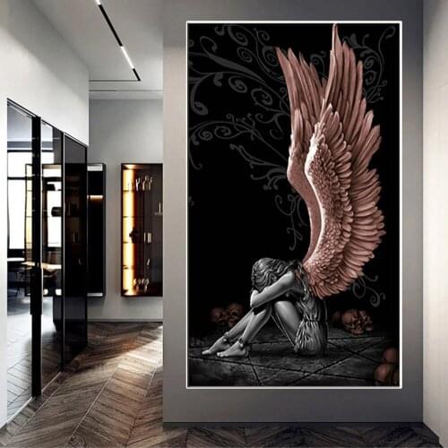 Devil and Angel Painting Gray Character Wings Skull Posters and Prints on Canvas Home Decor Painting Living Room Poster Painting