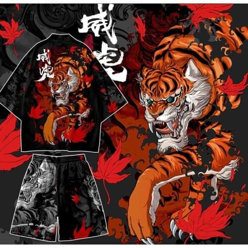 Kimono Man Japanese Cardigan Men Haori Male Yukata MenS Dragon Tiger Samurai Harajuku Japanese Streetwear Clothing Jacket Obi