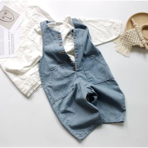 2020 Spring Summer Children Denim Jumpsuits Korean Style Loose Retro Sleeveless Unisex Kids Overalls Soft Casual Pants