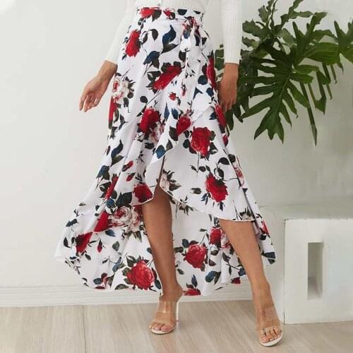 Summer Female Skirts 2021 Korean High Waist New Print Lace Up Long Skirts Sexy Elegant Split Fork Lrregular Style Women Dress