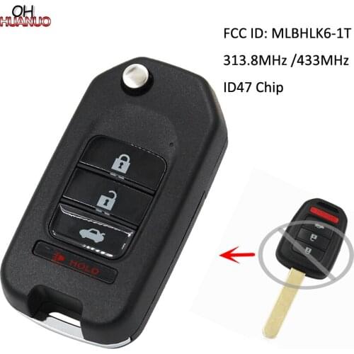 Upgraded Flip Remote Car Key Fob 3+1 Button 313.8MHz 433MHz ID47 Chip for Honda CRV 2014-2016 / HRV 2016-2017 FCC ID:MLBHLK6-1T