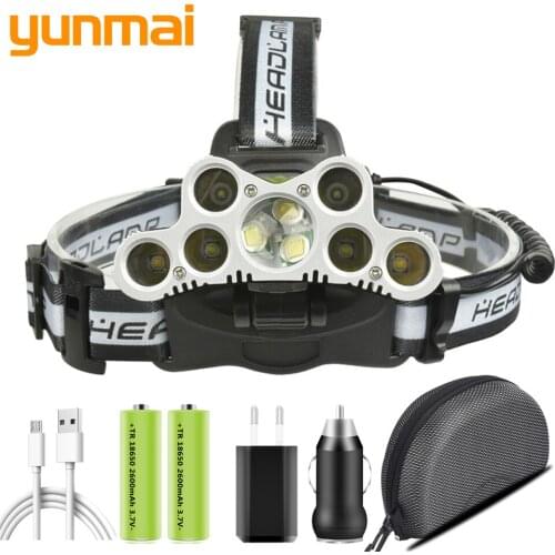 9pcs Led T6 Powerful Headlamp High Quality Head Flashlight Lamp Bulbs 5000K Lights Usb Rechargeable 18650 Battery Waterproof 40w