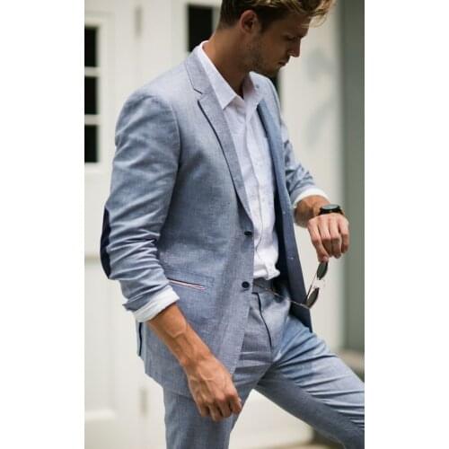 Summer Blue Linen Men Suits 2018 Wedding Suits with Blbow Patches Slim Fit Groom Tuxedos Casual Men Blazers 2 Piece Jacket+Pant
