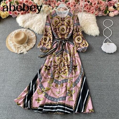 Women Retro Print Dress Korean O Neck Long Sleeve A-line Dress Spring Court Wind Bohemian Vacation Midi Dress