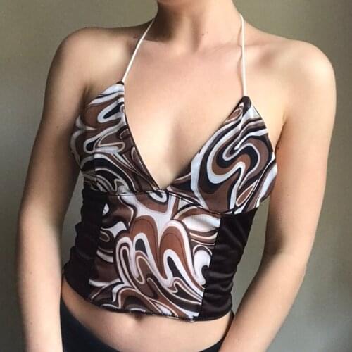 Patchwork Y2K Transparent Sexy Camisole Tie Dye Print Backless Mesh Halter Tops Shirts Clubwear Summer Crop Vest