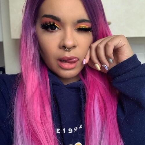 Long Straight Ombre Purple to Pink Lace Front Wig Middle Part Synthetic Wig Heat Resistant Cosplay Daily Wigs for Women 24 Inch