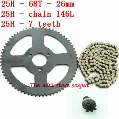 Size 25H 68T teeth Rear Sprocket,25H Chain 146 Links 7 teeth sprocket shaft For Electric tricycle Mini moto Pocket Bike ATV Quad