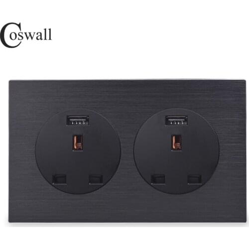 Coswall Aluminum Panel 2 Gang 13A Wall Outlet UK Standard Power Socket With Dual USB Fast Charging Port 146mm*86mm R12 Series