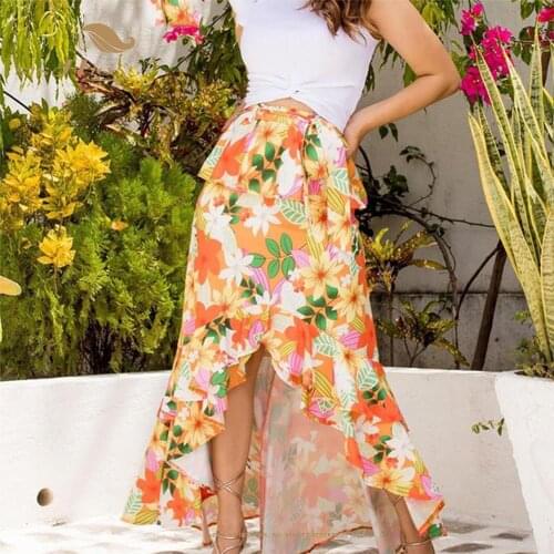 SISHION 2021 Hawaii Beach Fashion Summer Skirt VD2074 Women Ladies Orange Long Irregular Floral Skirt