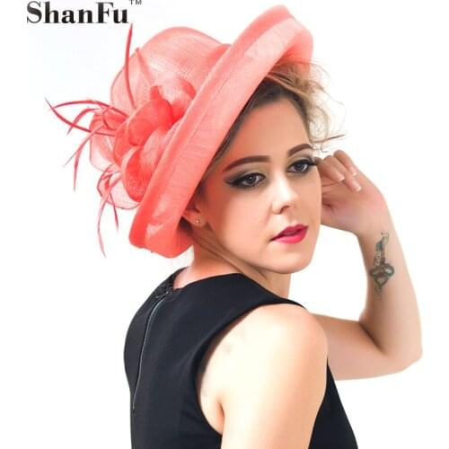 ShanFu Ladies Feather Fascinators Racing Season Hats Sinamay Wedding Hats for Cocktail Party Ivory Coral SFH9144