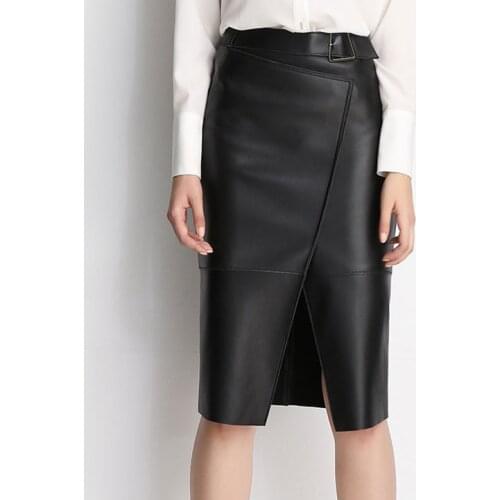 Genuine Leather Women High Waist Black Open Fork Skirts Female Fashion Elegant Office Lady Work Wear Midi Skirt Plus Size