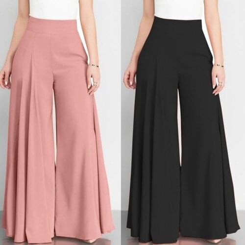 Ladies Elegant High Waist Wide Leg Pants Retro Flared Pants Casual Pure Color Zipper Breeches Temperament Ladies Wide Leg Pants