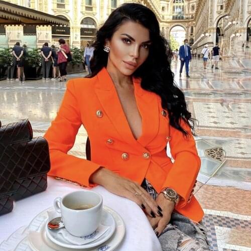 High Quality Autumn New Fashion Orange Full Sleeves Button Pocket Woman Blazer Elegant Female Club Party Dress Vintage