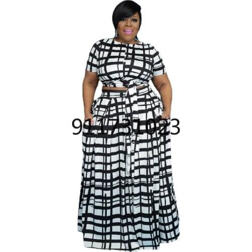 XL-5XL Sexy 2-Piece Skirt Plus Size Womens Short-Sleeved Top + Half-Length Skirt + Belt Digital Printing Casual Skirt Suit 2021