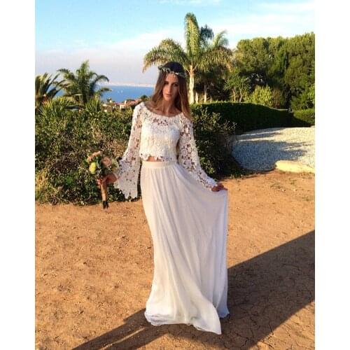 2020 Romantic Two Piece Boho Beach Wedding Dress Long Sleeves Scoop Appliques Lace Fashion Bridal Gowns Vestido De Novia