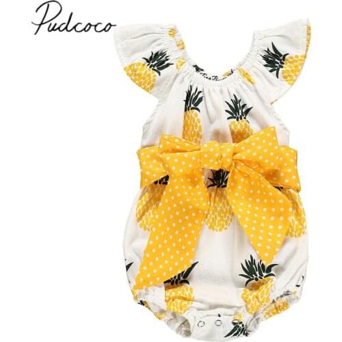 2019 Baby Summer Clothing Pretty Infant Baby Girls Pineapple Bodysuit Ruffles Short Sleeve Bowknot Sash Jumpsuit Clothes Outfit