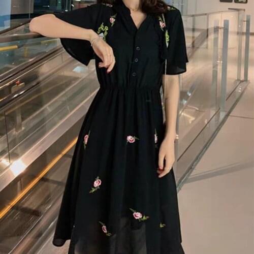 2020 elegant Plus Size Womens Summer Loose Embroidery V-neck Lace Dress Short Sleeve waist slim mini Dress b232