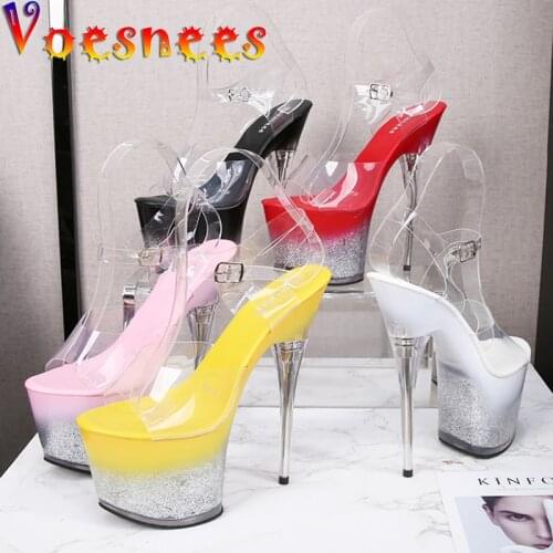 2021 Brand Designer Stripper Shoes Bling Transparent Transparent Thin Heels PVC Peep Toe Platform Pole Dance Sexy Club Sandals