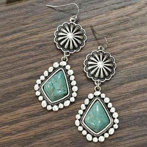 Antique Silver Chrysanthemum Retro Turquoise Earrings Water Drop 925 Silver Plated Wedding Bride Earrings Female Delicate Jewels