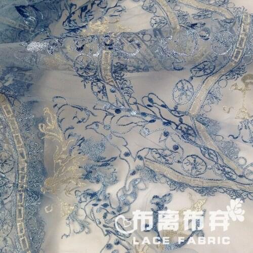 Free shipping Lce Blue Gold Thread Embroidery Net Fabric Lace Material Formal Dress Cheongsam High Quality Fabric