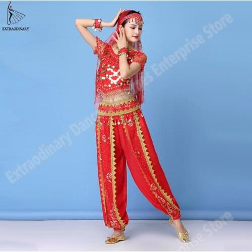 Indian Belly Dance Costumes Set Sari Bollywood Dance Women Chiffon Half Sleeve Coin Top+Belt+Pants+Veil+Hairpin Girl