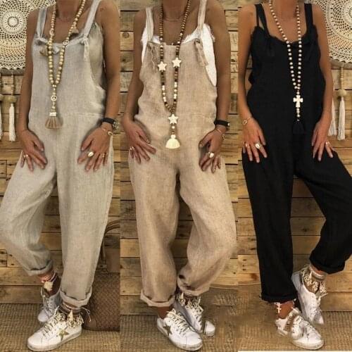Vintage Jumpsuit Women Casual Solid Cotton Linen Sleeveless Straps Jumpsuit Loose Bib Overalls Dungarees Wide-Leg Harem Trousers